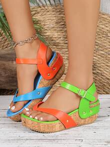 [2026 Spring/Summer New Arrival] Y2K European And American INS Style Soft Wood Platform Wedge Thong Strap Rivet One-Buckle Roman Increased Height Sandals For Women - Color Blocking - View 4
