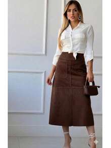 Women's Suede Skirt With Zipper And Pocket. Stylish And Elegant, Perfect For Evangelical Fashion, Evening Wear, Parties, Church Services. New Arrival. - 深棕色 - 查看 2