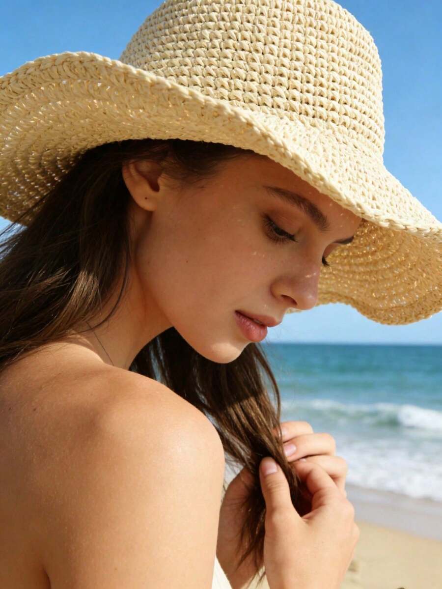 1 女士时尚草帽，户外沙滩遮阳帽，编织渔夫帽，夏季沙滩度假遮阳帽，可折叠大檐遮阳帽 - 彩色 - 查看 1