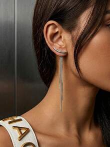 长款流苏吊坠耳环，适合女性和女孩佩戴，金色朋克风格，简约金属链耳环，伴娘首饰 - 銀色 - 查看 1