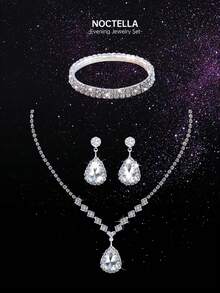 Noctella Shiny Rhinestone Ladies' Evening Bag, Stylish Solid-Colour Pleated Envelope Clutch, Paired With A Luxurious Sparkling Rhinestone Three Pieces Set, Necklace, Bracelet, And Earrings, Perfect With Evening Gowns, Party Dresses, Wedding Dresses, Sequin Dresses, Suitable For Dinners, Parties, Balls, And Graduation Ceremonies - Silver - View 4