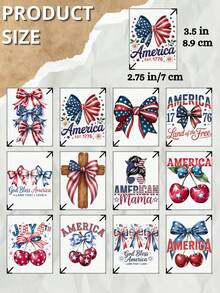 12pcs/Set 4th Of July Patriotic UV DTF Transfer Stickers (2.75x3.5 Inches), No Heat Needed, American Flag, Independence Day, Cute Bow, Raccoon, Highland Cow Patterns, Fun Red White Blue Waterproof Heat Transfer Stickers For Cups, Laptops, DIY Gifts - USA 04 - View 2