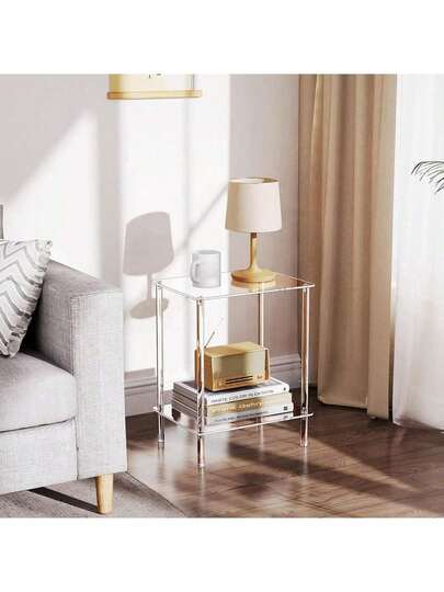1pc Acrylic Transparent Edge Table, 2-Tier Living Room Side Table, Small Modern Nightstand Home Decor Table Shelf For Office, Bedroom, Living Room, Study