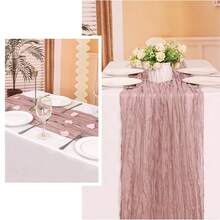 1pc Vintage Pink & Gray Cheesecloth Table Runner, Bohemian Gauze Fabric Table Cloth, Rustic Sheer Runner For Wedding Party, Bridal Shower, Baby Shower, Long Table Decor - Multicolor - View 1