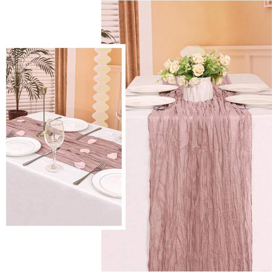 1pc Vintage Pink & Gray Cheesecloth Table Runner, Bohemian Gauze Fabric Table Cloth, Rustic Sheer Runner For Wedding Party, Bridal Shower, Baby Shower, Long Table Decor - Multicolor - View 1