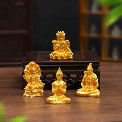 Bộ 4 tượng Phật mạ vàng, tượng nhỏ bằng nhựa resin hình các vị thần Hindu dùng để trang trí nhà cửa khi thiền định.