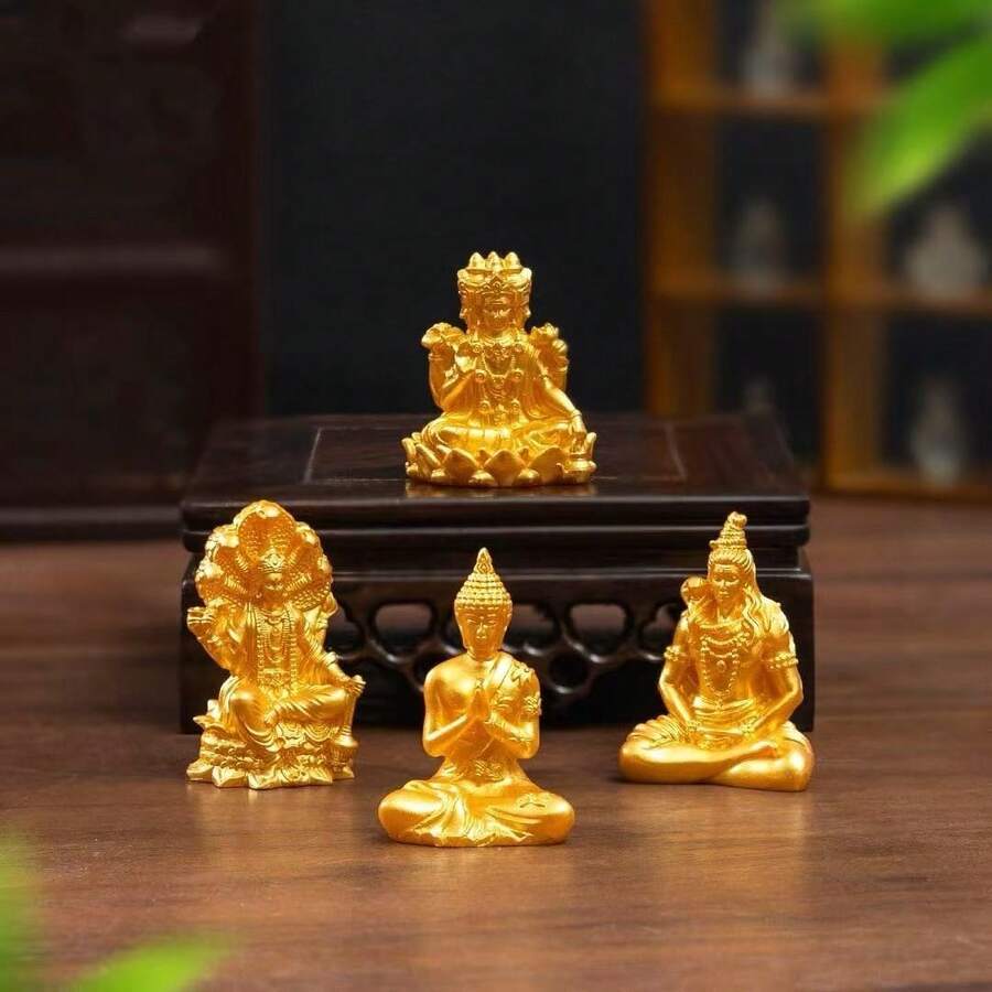 4 Piezas Conjunto de Estatuas de Buda Dorado, Esculturas Miniatura de Dios Hindú de Resina para Decoración y Meditación en el Hogar - A - Ver 1