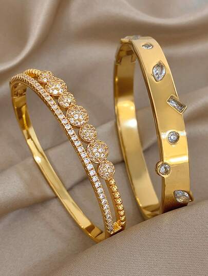 18K Gold-Plated Stainless Steel Luxury Elegant Geometry Zirconia Bangle Bracelet Set, For Women Ladies, Gifts For Mom, For Daily Wear, Weddings, Gala, Suitable For Daily Life, Parties, Dates, Beach, Mother's Day Gift, Valentine's Day Gifts, Spring, Wedding Supplies, Summer Accessories
