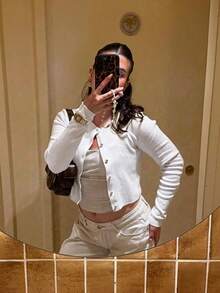 FOR BEAUTY,Women's Cropped Knit Cardigan,Round Neck Gold Button LongSleeve Top,Elegant Slim Fit Knitwear,Daily, Vacation,Office& Casual Street,Outfits - White - View 8
