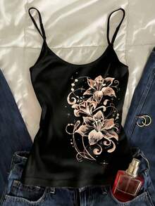 女士优雅岛屿百合仙女花夏季上衣，夏季上衣，女士夏季服装，女士沙滩装，女士休闲吊带上衣 - 黑色 - 查看 1