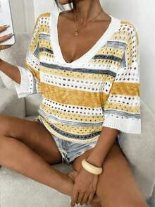 Plus Size Women Striped Drop Shoulder Hollow Loose V-Neck Sweater, Suitable For Summer, Beach, Party Wear Spring - Yellow - View 5