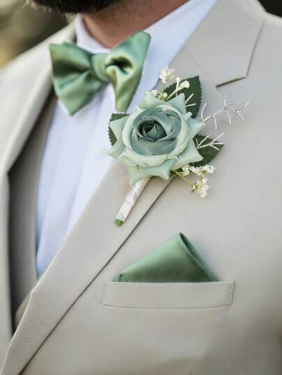 Set de 6/1 pieza Boutonnière de rosa verde de seda sintética, corbata de moño, pañuelo de bolsillo, adecuado para novio, padrinos, boda, baile de graduación, aniversario, regreso a casa y ocasiones rústicas de otoño