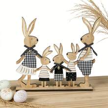 1pc 2D Wooden Decorative Plaque & Figurine, Mother's Day Decor, Minimalist Design, Family Of 5 Rabbits In Plaid Outfits, Perfect Holiday Gift For Home & Office, Spring Decoration - A - View 1