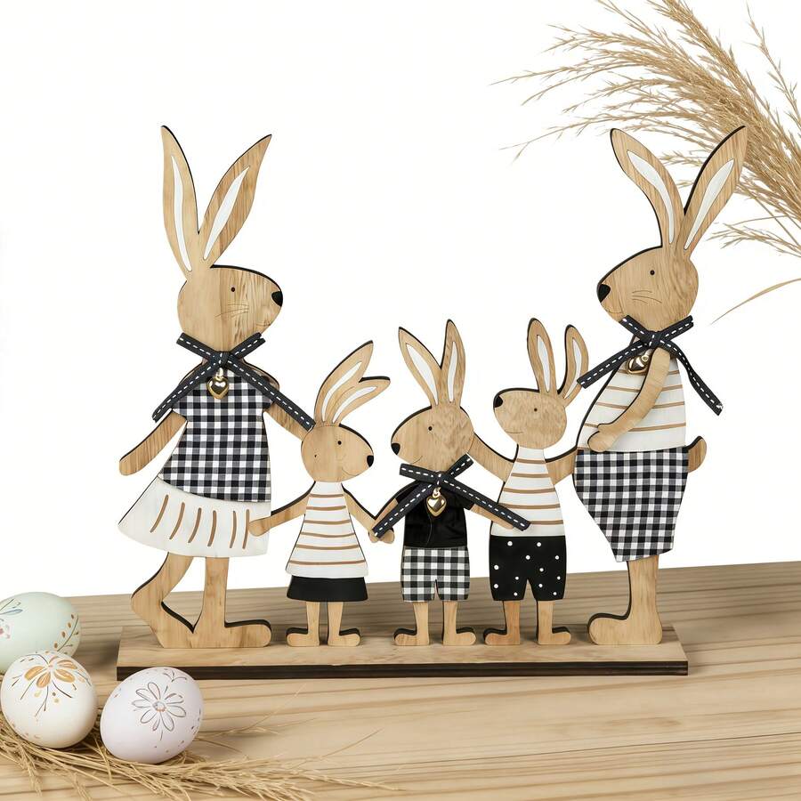 1pc 2D Wooden Decorative Plaque & Figurine, Mother's Day Decor, Minimalist Design, Family Of 5 Rabbits In Plaid Outfits, Perfect Holiday Gift For Home & Office, Spring Decoration - A - View 1