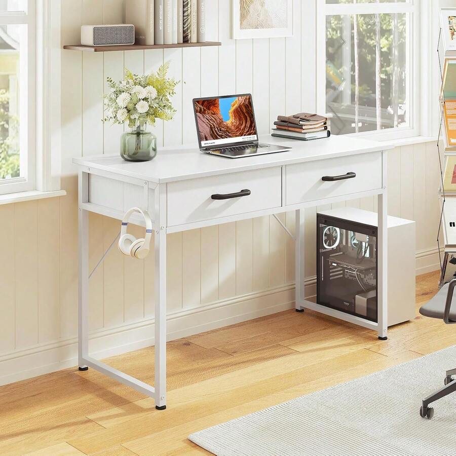 40 Inch Small Office Computer Desk With 2 Drawers & Headphone Hook - Compact Writing Desk For Home Office, Study Or Work, Modern Space-Saving Design For Small Spaces, White - A - View 1