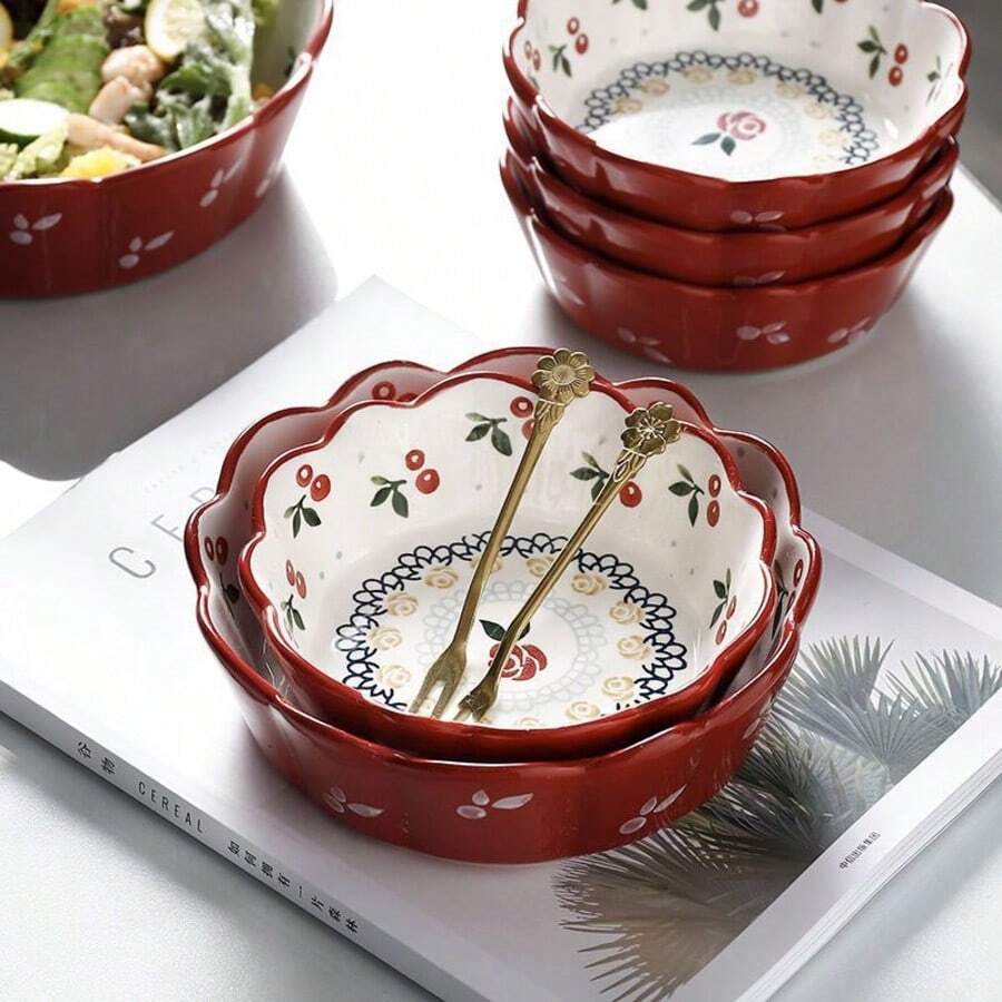 1 pieza Cuenco con borde de flor de cerezo estilo japonés creativo - Rojo - Ver 1