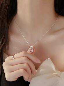 1件S925纯银创意个性化精致甜美时尚百搭活泼粉色锆石心形项链，适合女性、派对和送礼。 - 銀色 - 查看 4