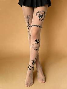 1双裸色透明虎剑印花性感前卫动物图案丝袜，日常穿着 - 彩色 - 查看 1