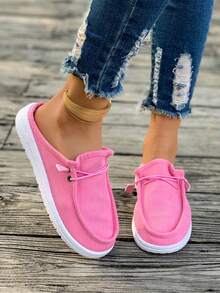 Solid Color Corduroy Flat Mule Slippers, Lace-Up Round Toe Low-Top Design, Sweet & Cool Style, Eye-Catching For Daily Wear, Suitable For All Seasons - Hot Pink - View 4