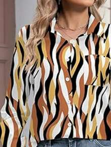 Women's Zebra Print Pocket Front Button Up Shirt, Suitable For Evening Dates Vacation Spring - Red - View 4