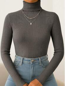 Women's Ribbed Knit Blouse With High Neck And Long Sleeves, Elegant And Simple, Polyester Knit, Home, Beach, And Everyday Wear. - Dark Grey - View 1