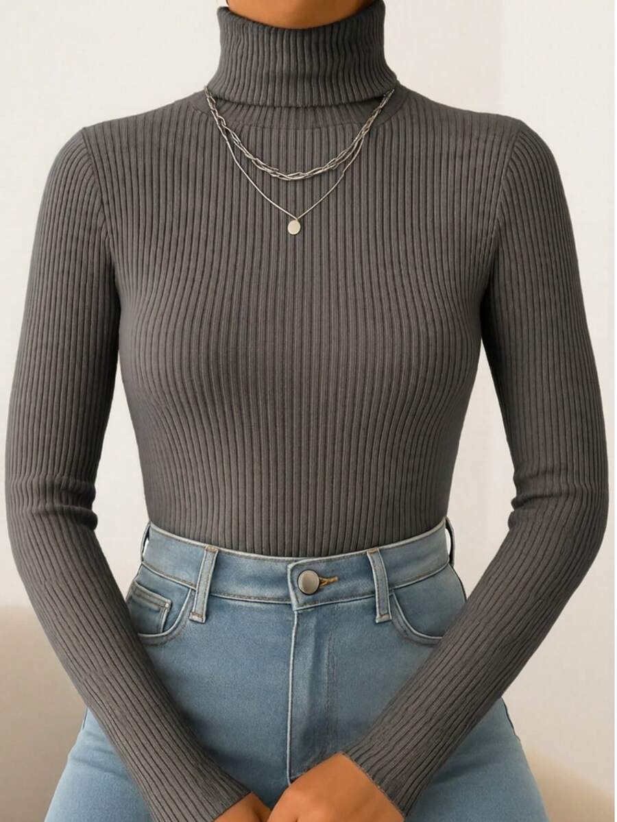 Women's Ribbed Knit Blouse With High Neck And Long Sleeves, Elegant And Simple, Polyester Knit, Home, Beach, And Everyday Wear. - Dark Grey - View 1