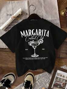 Women's Fitted T-Shirt With Casual Round Neck, Retro Cocktail Print In English, Suitable For Summer, Airport And Everyday Wear - 黑色 - 查看 3
