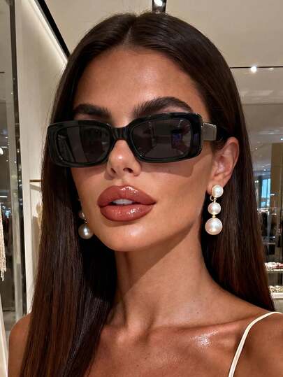1 Pair Unisex Rectangular Black Minimalist Sunglasses, Suitable For Party Outfits, Family Outings, Travel, Summer Beach Vacations, Outdoor Activities And More