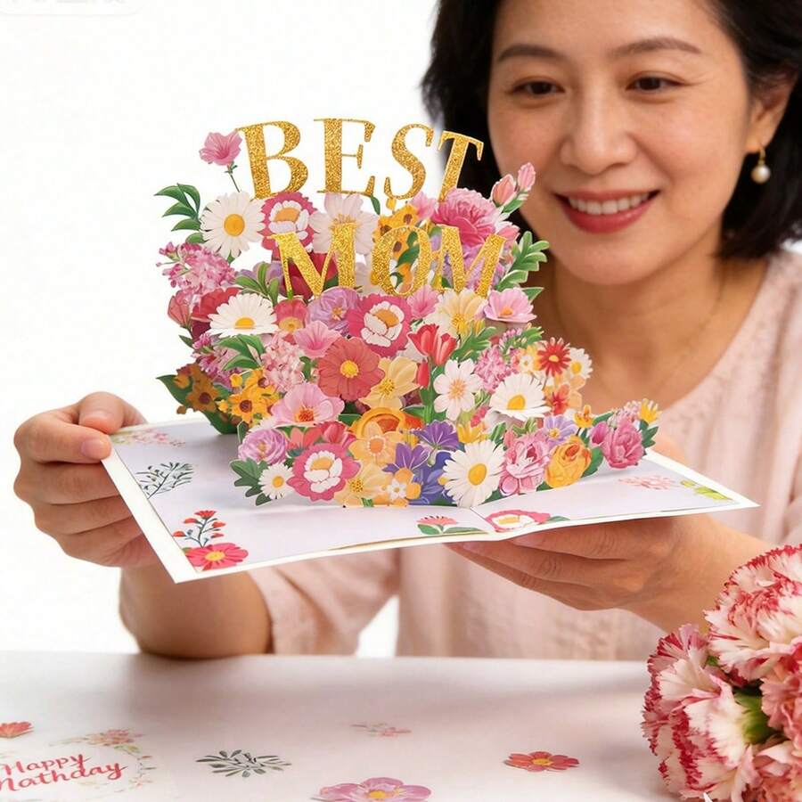 1pc 3D Pop-Up Floral Greeting Card, Featuring Pink Flower Bouquet And Butterfly Design, Suitable As Mother's Day, Birthday, Anniversary, Valentine's Day Gift, Comes With Envelope - Single Piece - View 1