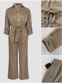 ChicMe 2pcs Women Set, Collared Roll-Up Sleeve Button Front Shirt With Drawstring Waist Wide Leg Pants With Pockets, Casual Office Wear Spring - Khaki - View 8