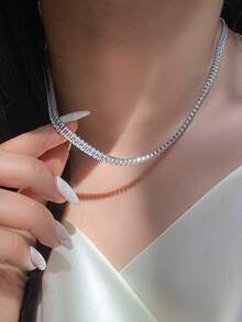 1pc Women's Bling Bling White Zirconia Rhinestone Necklace, Jewelry Accessories Suitable For Daily Wear, Niche Gift - Silver - View 2