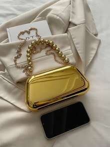 前卫亮金色女士手拿包，硬盒形晚宴包，钱包，串珠手柄，金属链条肩带，女士礼物，适合派对、节日和宴会 - 金色 - 查看 11