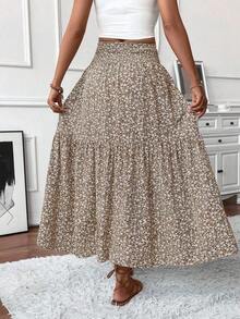 Women's Long Ditsy Floral Skirt, Casual Elastic Waist With Pockets, Ruffle Hem, A-Line Skirt For Summer Vacation - 卡其色 - 查看 2