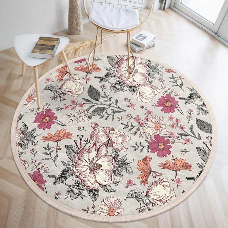 Floral Vintage Cream Round Rug -Victorian Botanic Circle Mat-Elegant Flower Circle Rug-Pink Floral Washable Round Carpet-Boho Chic Round Mat - 1PC - View 1