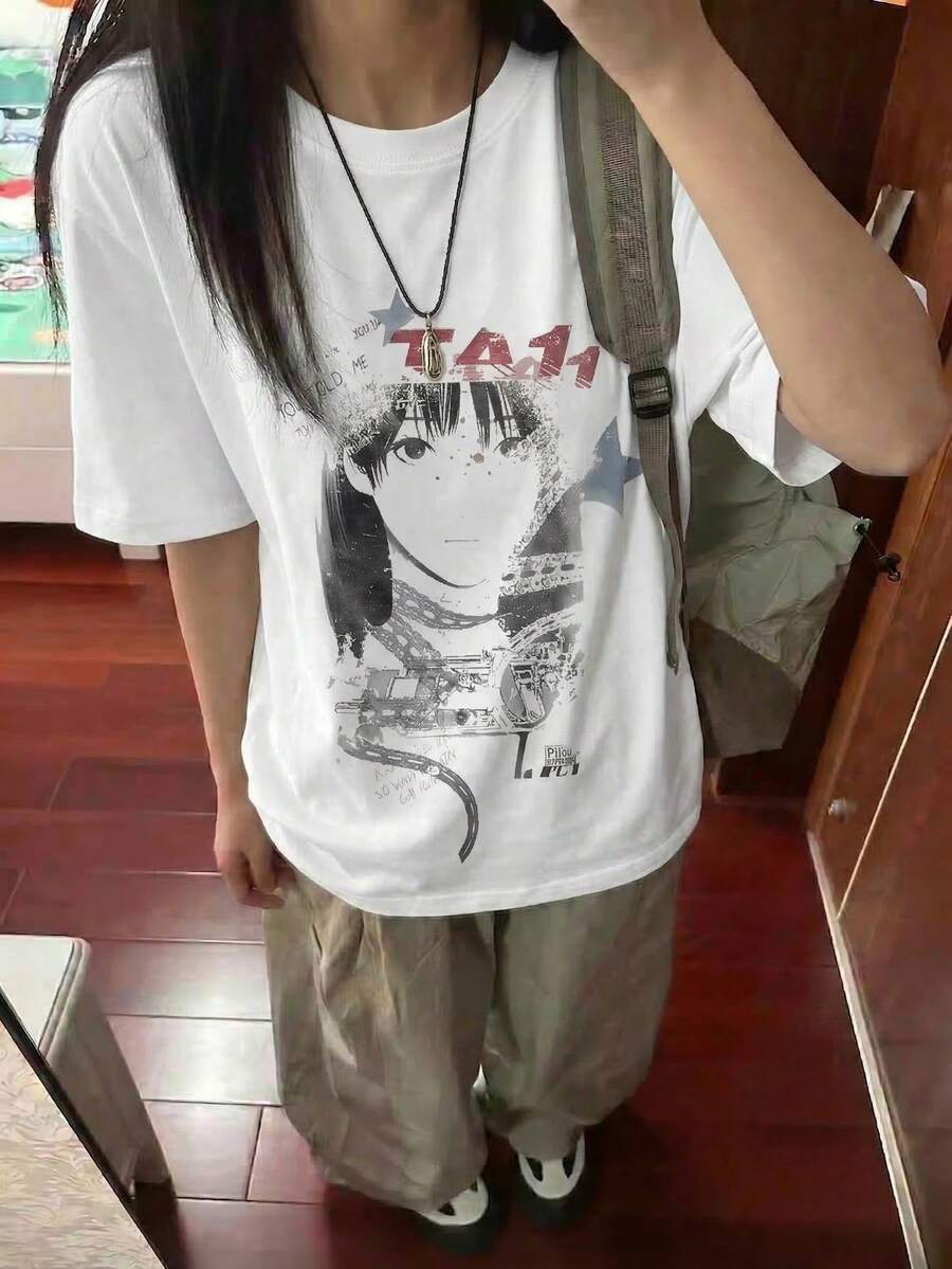 Y2K极简朋克风动漫少女印花宽松T恤,女士复古做旧休闲上衣,米白色,夏季款 - 白色 - 查看 1