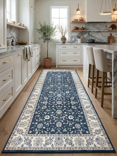 1pc Vintage Bohemian- Floral Striped Runner Rug, Suitable For Bathroom, Kitchen, Entryway, Hallway, Bedside, Living Room, Bedroom, Machine Washable Carpet Mat, Home Decor