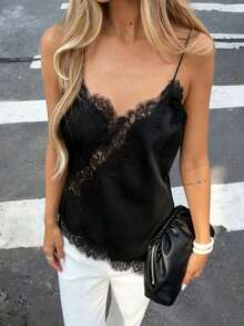 Women's Black Woven Camisole Top, Delicate Lace Trim, Sheer Spaghetti Strap, Regular Fit - Black - View 2