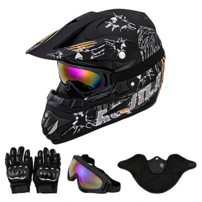 Casco de motocross con temática de águila, completo con guantes, gafas y calentador de cuello, adecuado para conducción todoterreno, resistente, duradero, elegante y transpirable.