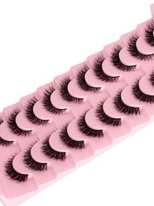 10 Pairs Short 3D Faux Mink Lashes, Create Cat Eye Makeup Effect, Long & Thin, Soft & Natural Looking Fake Lashes, Strip Eyelashes - Black - View 5