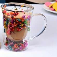 Customized Text LOGO Double-Layer Glass Starry Sky Dried Flower Cup, Creative Minimalist Heatproof Handled Coffee Cup With Dried Flowers, Couples Gift - Multicolor - View 16