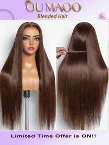 200% 超高密度顺滑直发假发 - 13x6 13x4 5HD 蕾丝前额真人混纺发丝，预先拔毛，无需胶水，女士专用，超浓密丝滑造型，自然逼真，无需胶水，即戴即用 - 棕色 - 查看 2