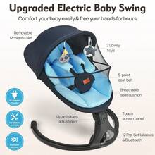 Baby Swing For Infants, Bluetooth Electric Infant Swing With 5 Speed Motions, 12 Soothing Melodies & Remote Control, Portable For Newborns 0-9 Months (Max 20 Lbs, Blue) - Xem 2