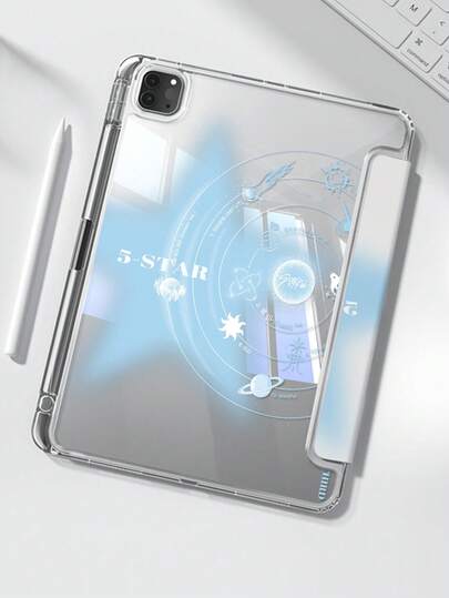 Ốp lưng hai mặt bằng acrylic trong suốt, họa tiết không gian xanh tối giản dễ thương, chống sốc, phù hợp với iPad thế hệ thứ 7, 8, 10 (10.2 inch), tích hợp khe cắm bút cảm ứng, hỗ trợ chức năng ngủ/thức, là lựa chọn quà tặng lý tưởng.