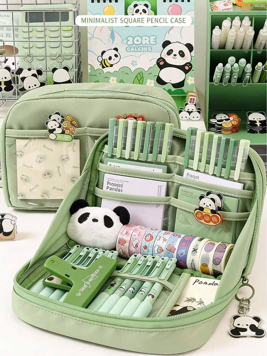 1pc Large Capacity Green Pencil Case, Minimalist Cute Stationery Bag For Pens, Makeup Brushes, Multi-Function Pencil Pouch - A - View 1