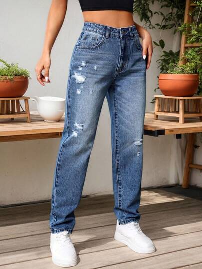Jeans rectos, sueltos, versátiles y informales con bolsillos y rotos para mujer, Pantalones vaqueros ajustados, Jeans simples y con estilo para uso diario, ajustados para mujeres con lavado en agua y efecto desgastado