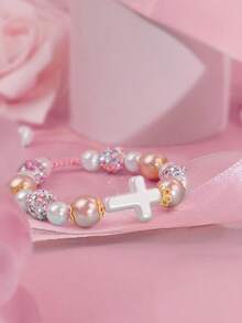 1pc Easter White/Pink Pearl Cross Pendant Bracelet For Gils And Teens Easter Basket Filler Christian Gift - Multicolor - View 2