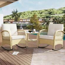 Rattan Balcony Furniture Set (3 Pieces), Balcony Rocking Chair With Beige Cushions, Load Capacity 160 Kg - C - View 4