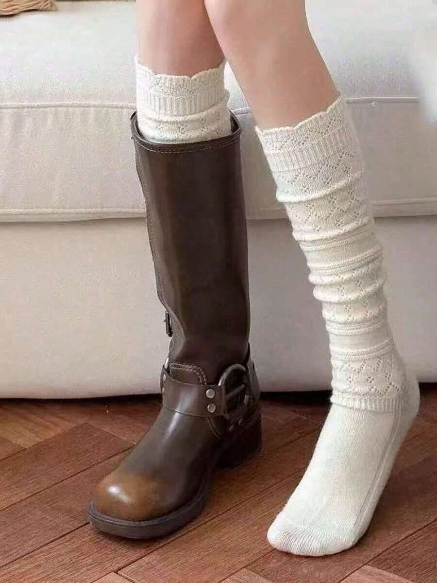 1 Pair Hollow Out Wool Blend Socks, Knitted Layered Mid-Calf Socks, Sweet & Versatile White Socks Autumn/Winter, Cozy Socks - 白色 - 查看 1