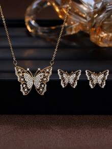 Bộ 2 món trang sức hình bướm đính đá Cubic Zirconia tổng hợp cao cấp, sang trọng, thanh lịch, đa năng, thích hợp cho nữ giới đeo hàng ngày và làm quà tặng. - Bộ vòng cổ và hoa tai - Xem 2