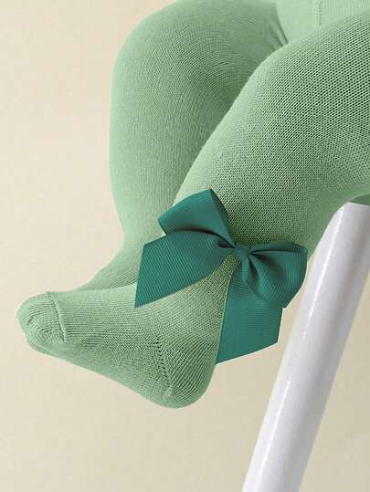 1pc Girls' Solid Color Bow Leggings, Infant & Children Tight Pants, Breathable, Comfortable, All Season, Suitable For Daily Wear
